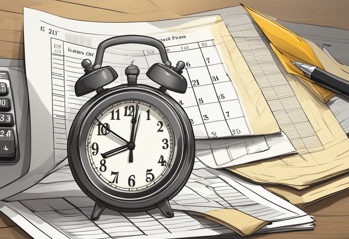 A clock showing the time of the crime, with a calendar and a legal document in the background